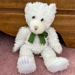 Fluffy White Bear with Green Ribbon